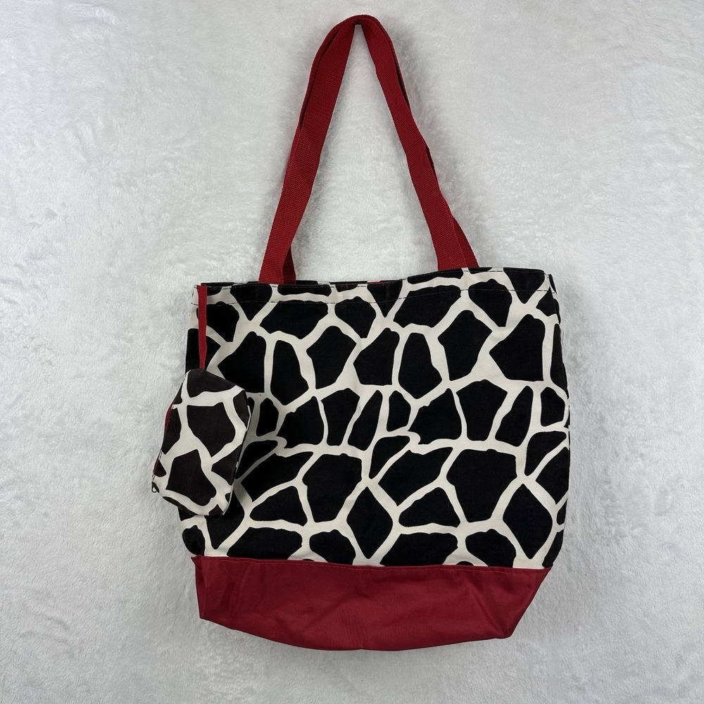 Unbranded Tote Bag Cow Pattern Red Accents Beach Bag Purse Coin Purse Attached